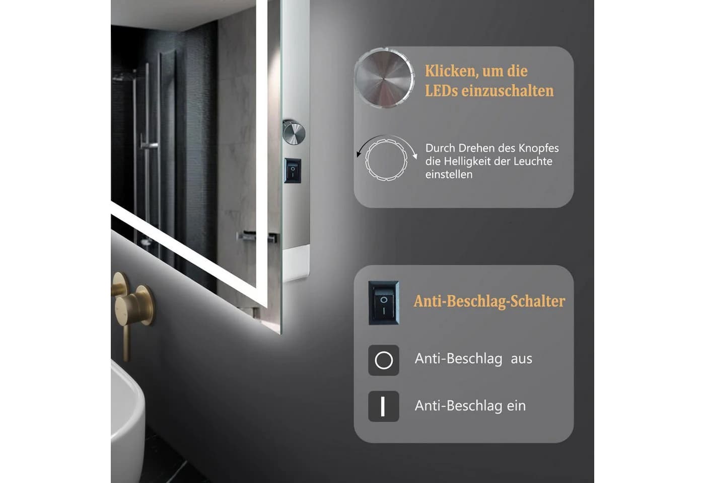 Aica Sanitär LED Badspiegel mit Antibeschlag und Touch-Steuerung - Bild 5