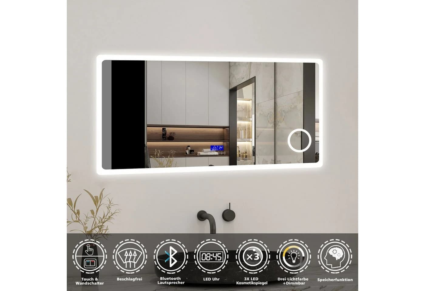 Aica Sanitär Badspiegel LED Dimmbar Beschlagfrei mit Uhr und Bluetooth - Bild 5