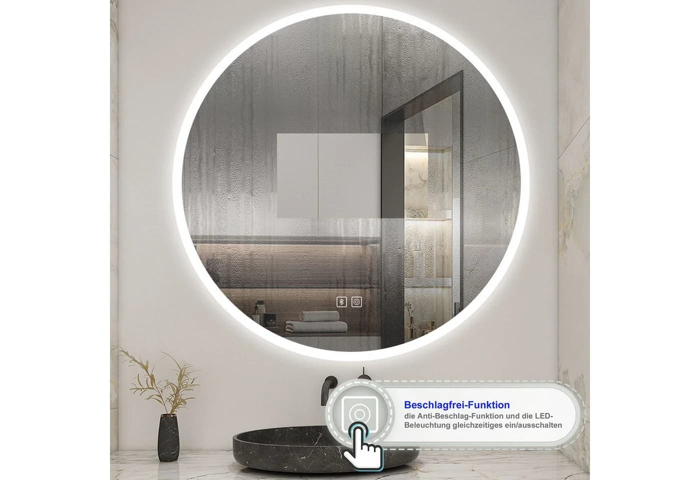 Aica Sanitär LED Badezimmerspiegel Rund mit Bluetooth & Antibeschlag