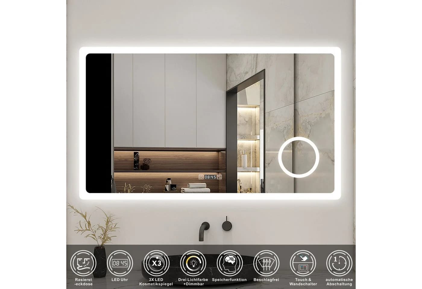 Aica Sanitär LED Badspiegel mit Touch, Steckdose & 3x Lupe - Bild 5