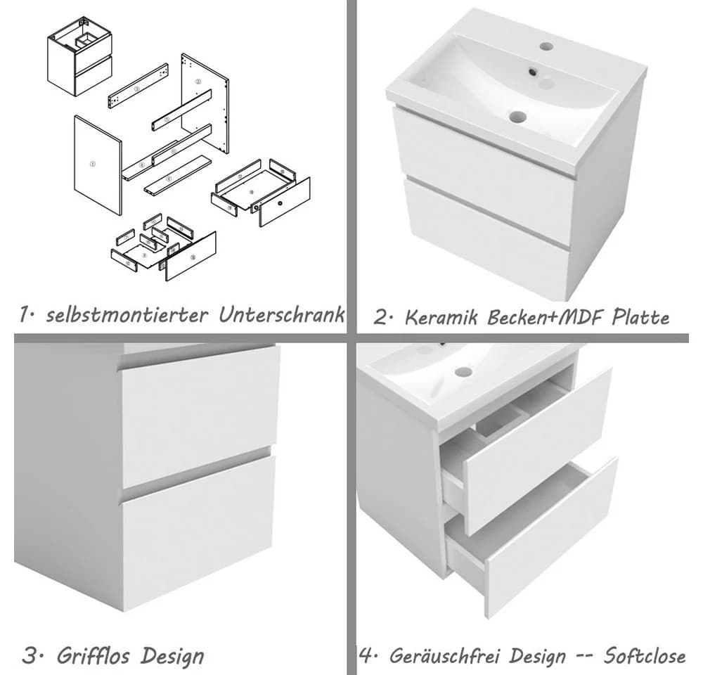 Aica Sanitär Waschtisch mit Unterschrank Hochglanz Weiß - Bild 5