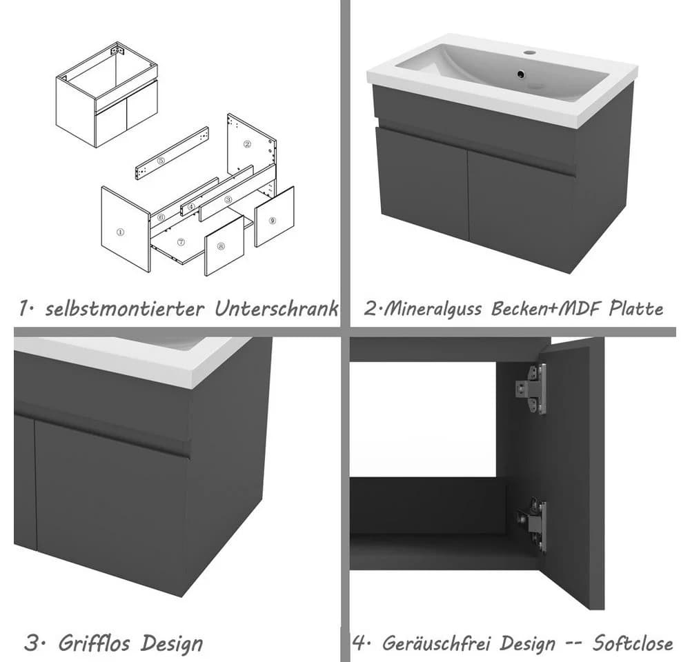 Aica Sanitär Waschtisch Unterschrank Set Weiß MDF Grifflos - Bild 5