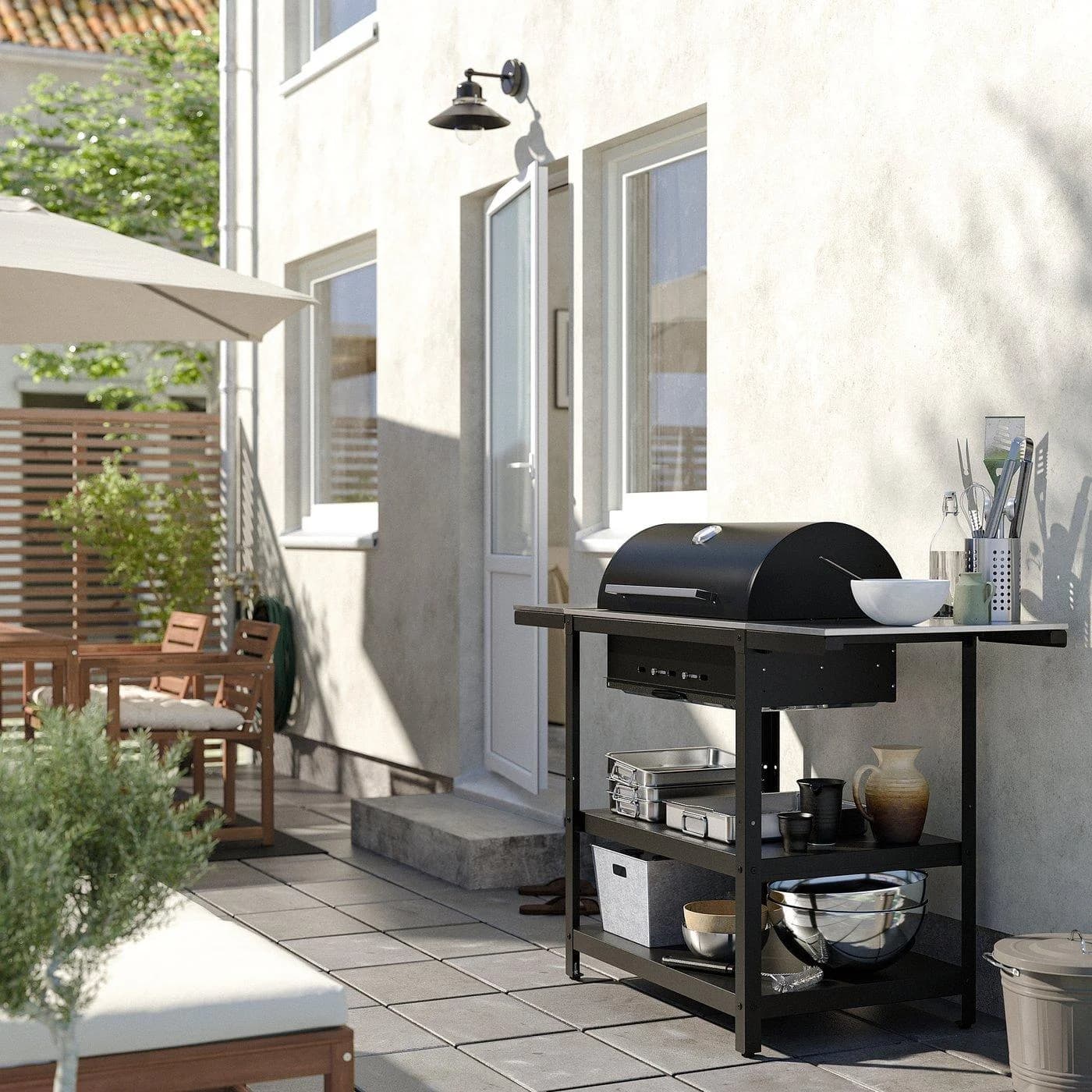 IKEA GRILLSKÄR Holzkohlegrill Edelstahl mit 2 Beistelltischen Grau