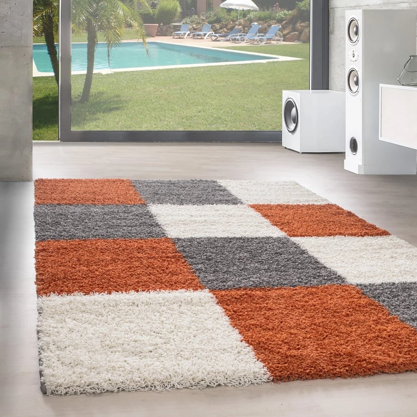 SIMPEX24 Teppich Kariert Design Orange Hochflor Läufer - Bild 2