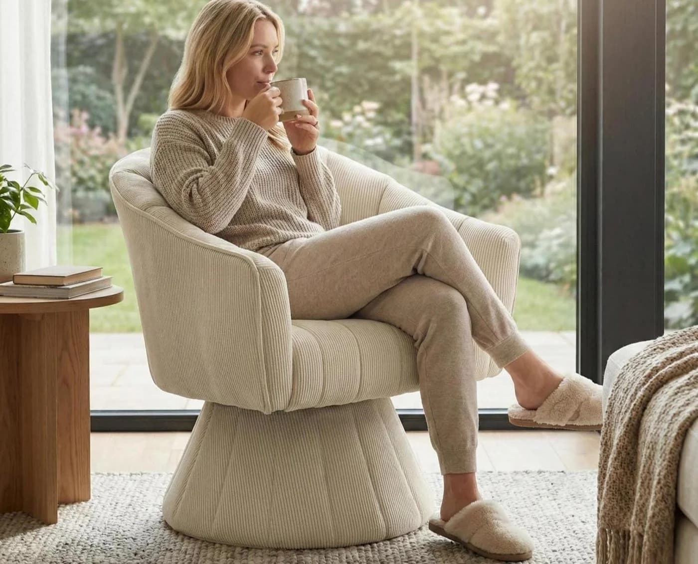 LVHOM Drehsessel Loungesessel Beige 360°-Drehung Cord - Bild 2