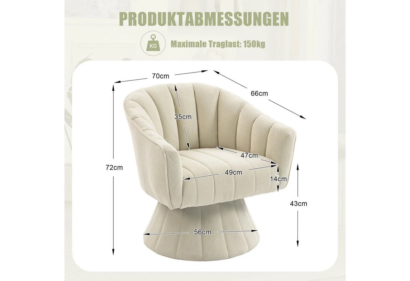LVHOM Drehsessel Loungesessel Beige 360°-Drehung Cord - Bild 3