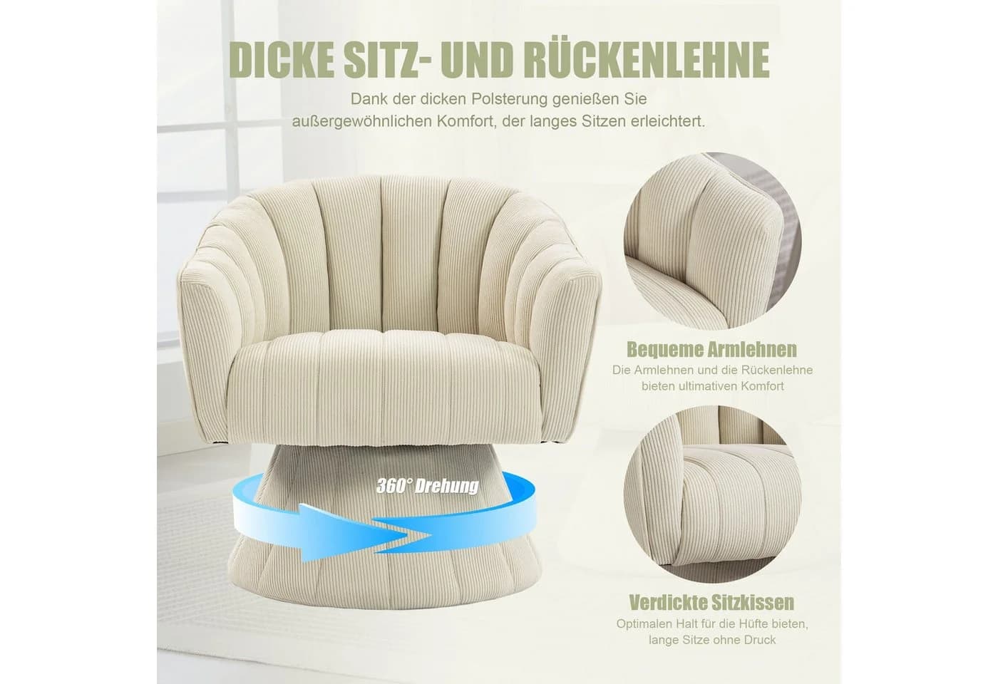 LVHOM Drehsessel Loungesessel Beige 360°-Drehung Cord - Bild 4