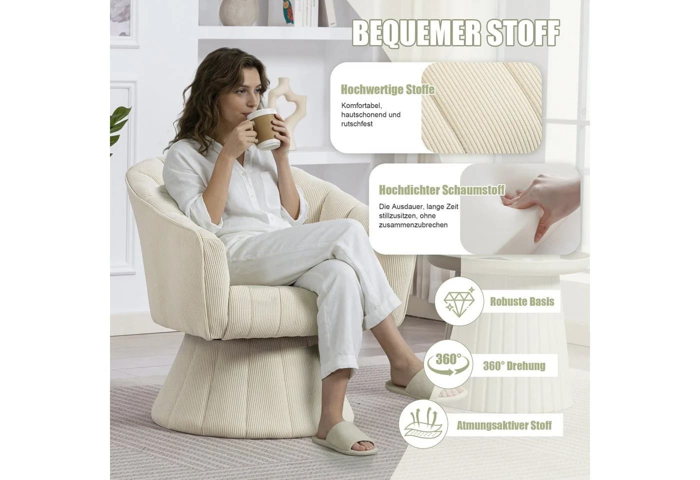 LVHOM Drehsessel Loungesessel Beige 360°-Drehung Cord - Bild 5