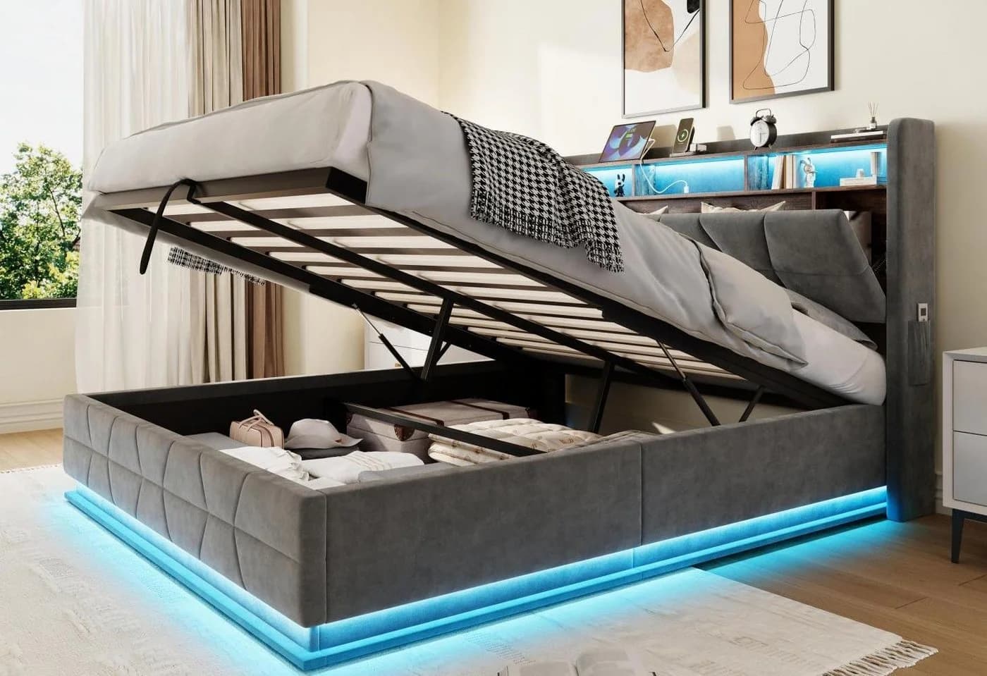 LVHOM Samtbett mit LED, USB-C & Stauraum Grau - Bild 2
