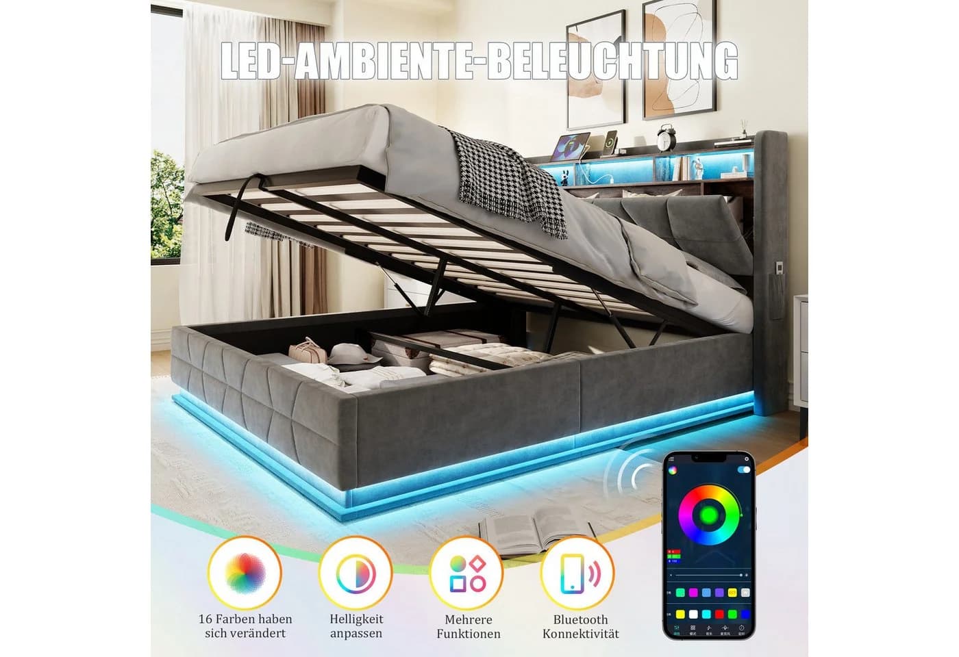 LVHOM Samtbett mit LED, USB-C & Stauraum Grau - Bild 4