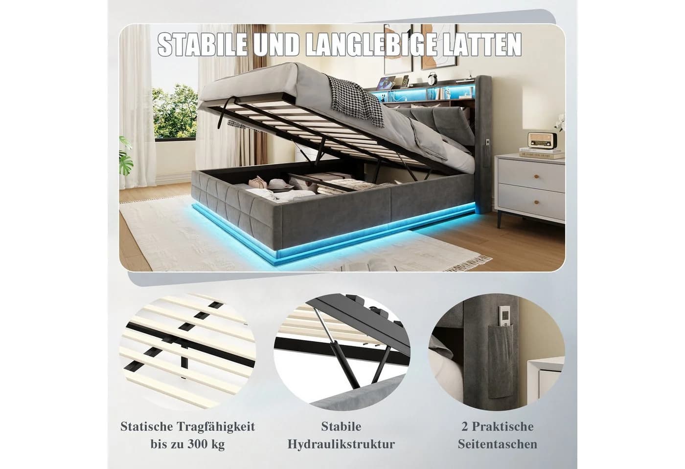 LVHOM Samtbett mit LED, USB-C & Stauraum Grau - Bild 5