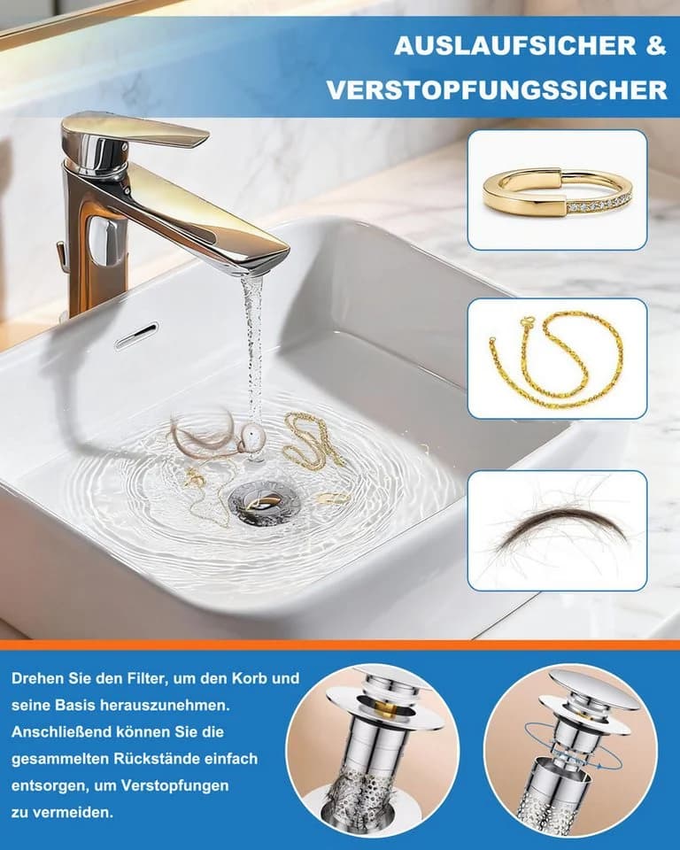 Agger Pop-Up Abflussstöpsel Edelstahl Universell Mit Sieb - Bild 5