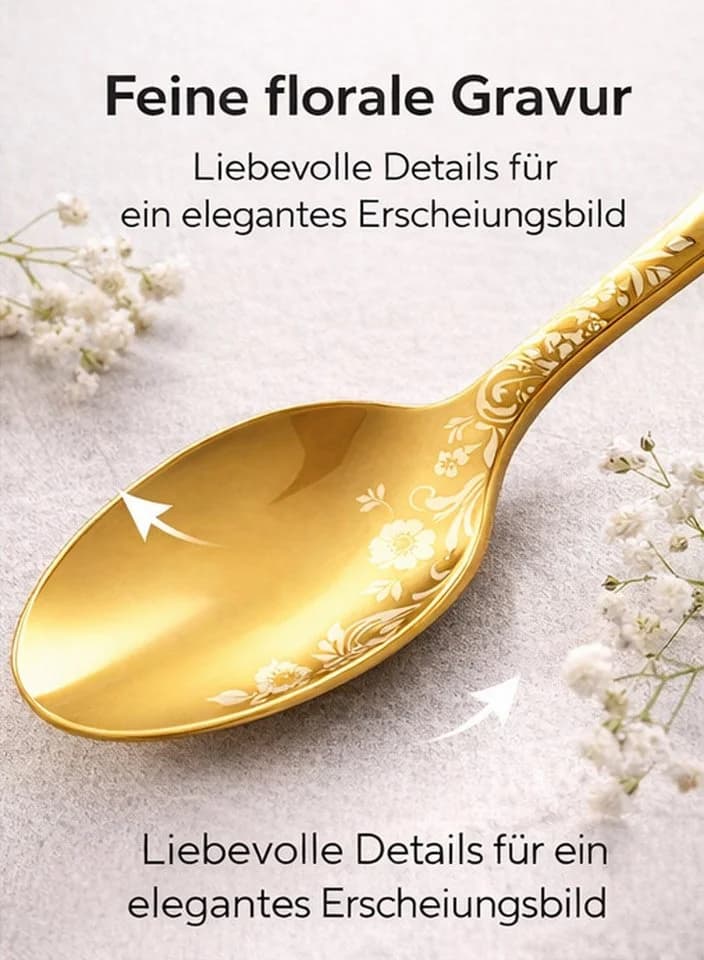 Diwzbyn Besteck-Set 20-tlg. Goldfarben Edelstahl Pfingstrosen-Design - Bild 3