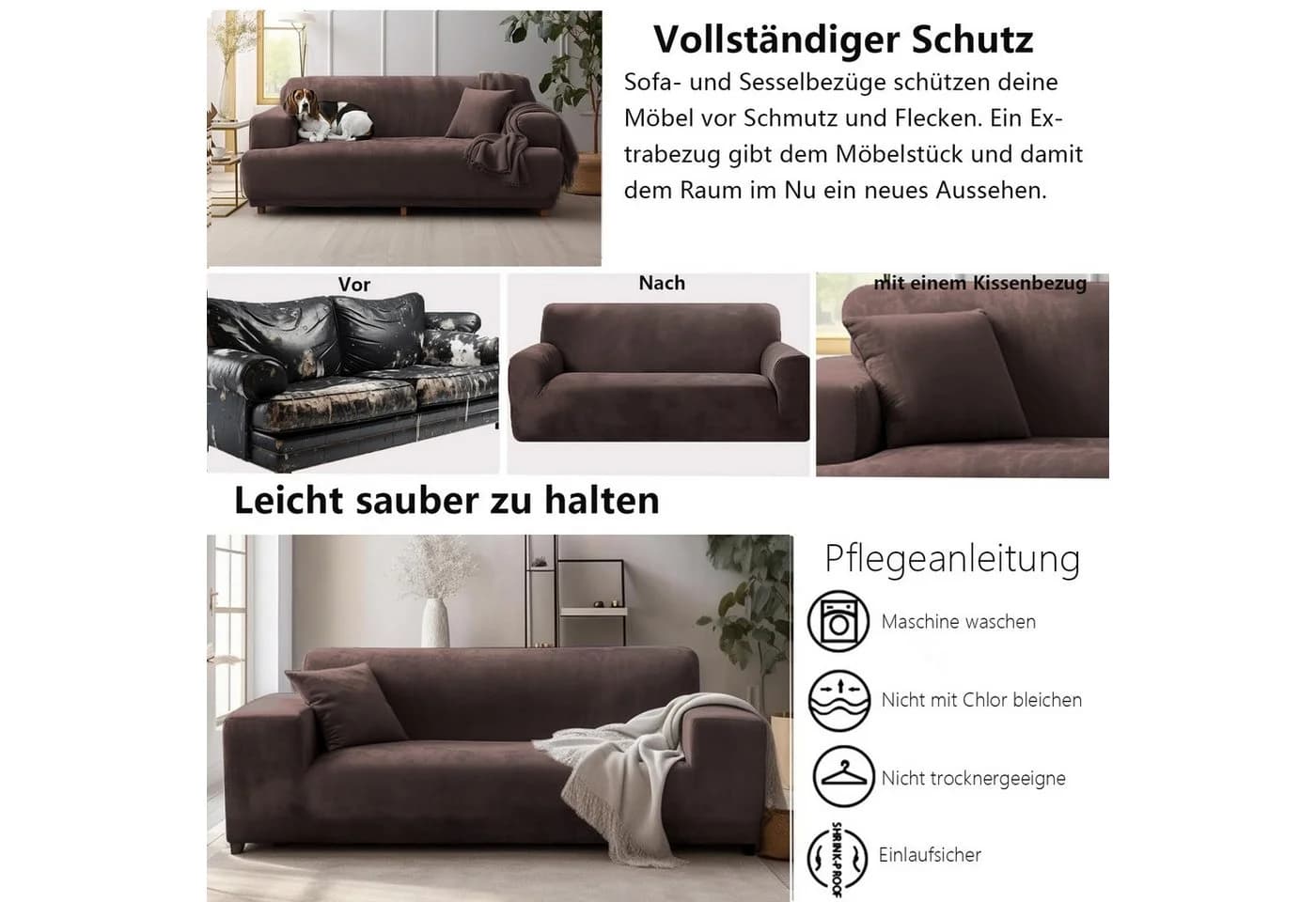 Agger Stretch-Sofabezug Braun Samt-Optik Schutzüberwurf