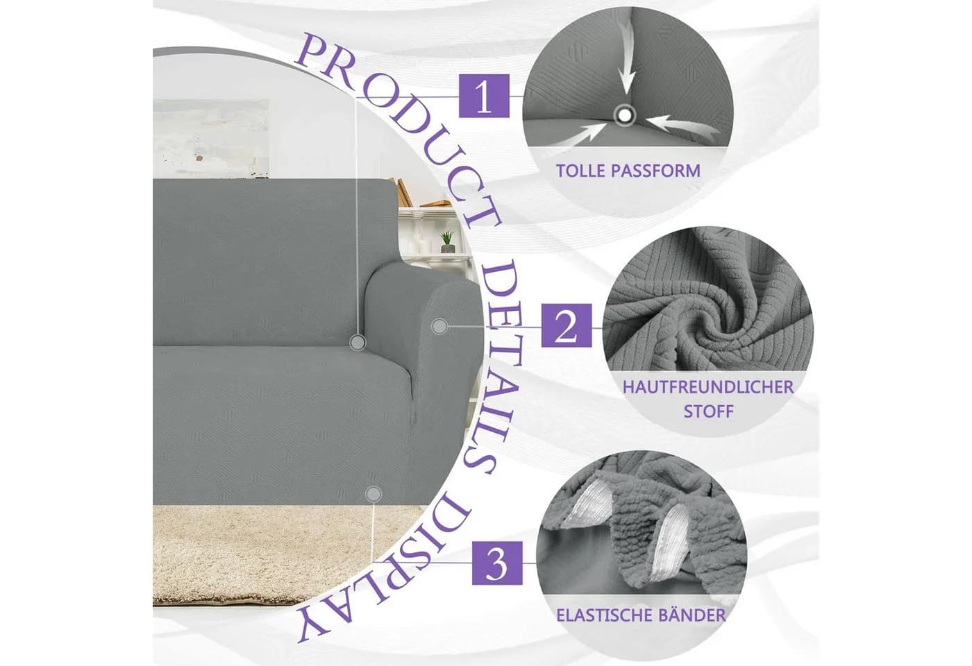Agger Sofahusse Stretch Grau Rutschfest Polyester - Bild 5