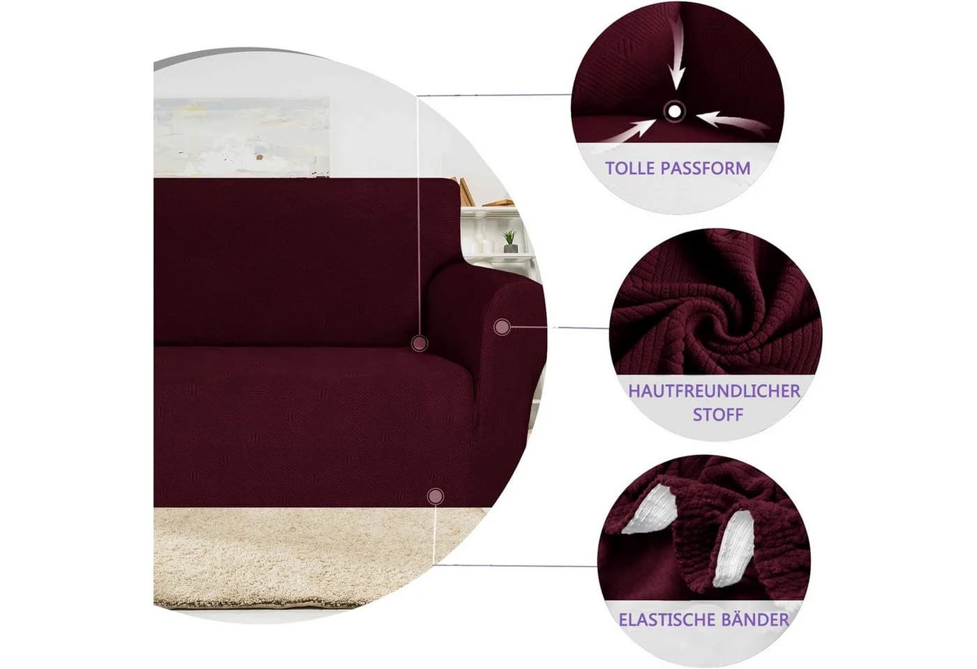Agger Sofahusse Stretch Rot Rutschfest Polyester Elasthan - Bild 5