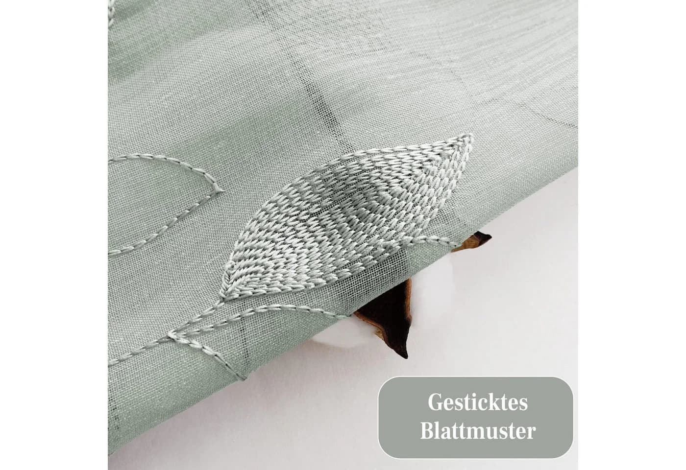 Agger Vorhang Leinenoptik Grün Blätter-Stickerei Voile