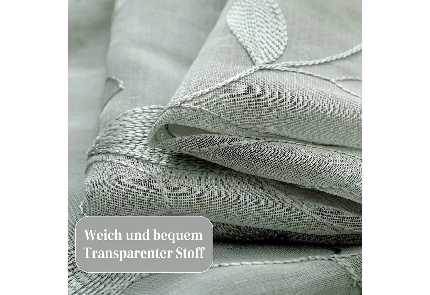 Agger Vorhang Leinenoptik Grün Blätter-Stickerei Voile - Bild 3