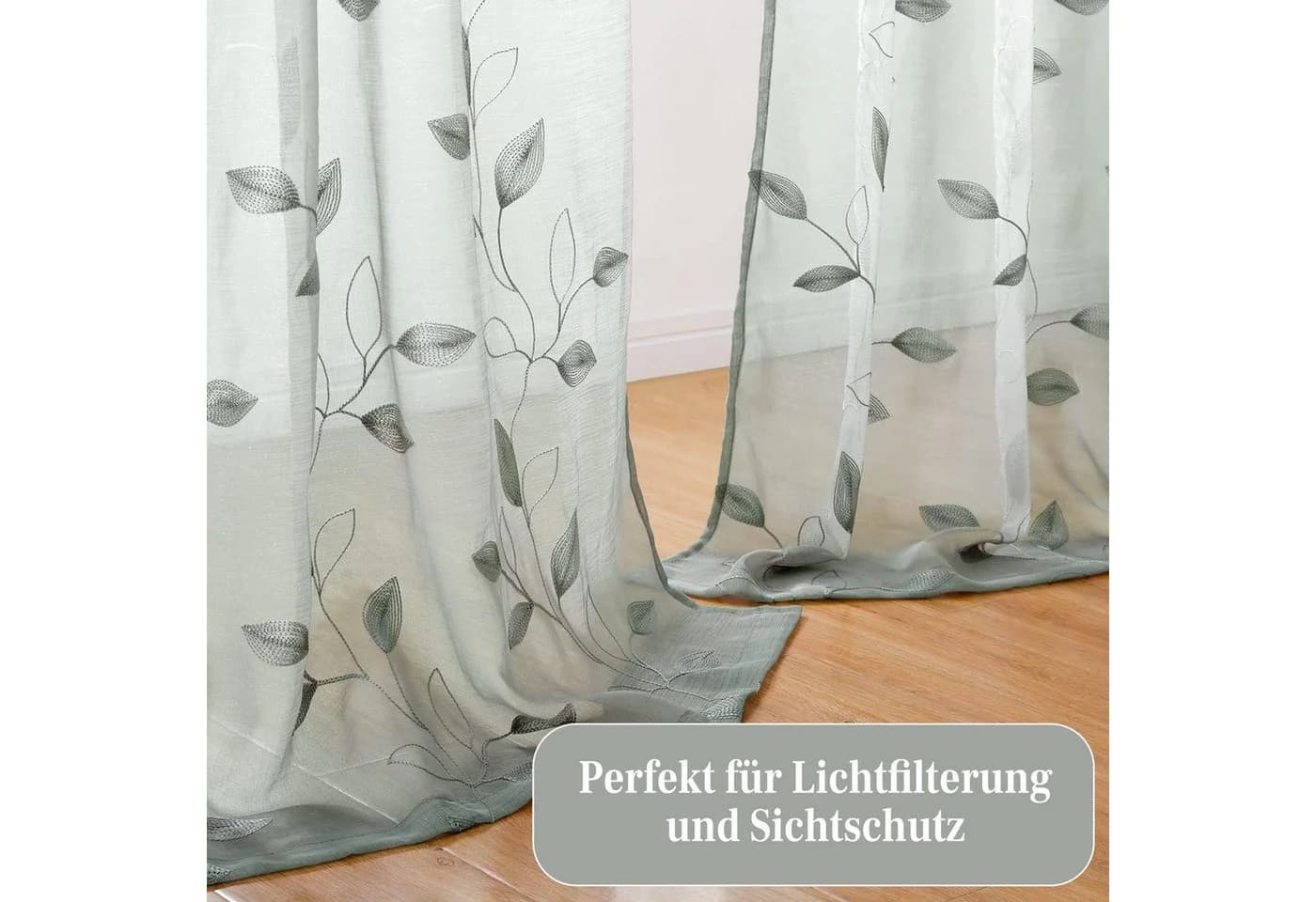 Agger Vorhang Leinenoptik Grün Blätter-Stickerei Voile - Bild 4