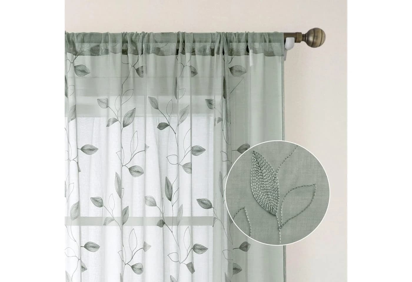 Agger Vorhang Leinenoptik Grün Blätter-Stickerei Voile - Bild 5