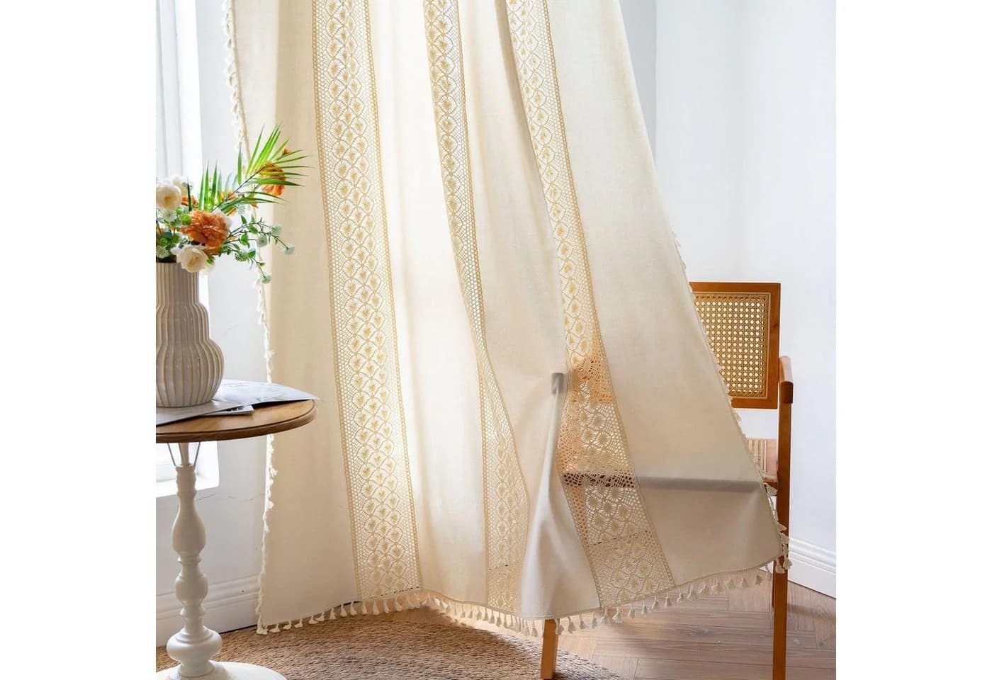 Agger Boho-Vorhang Beige Gehäkelte Spitze Fransen Landhausstil