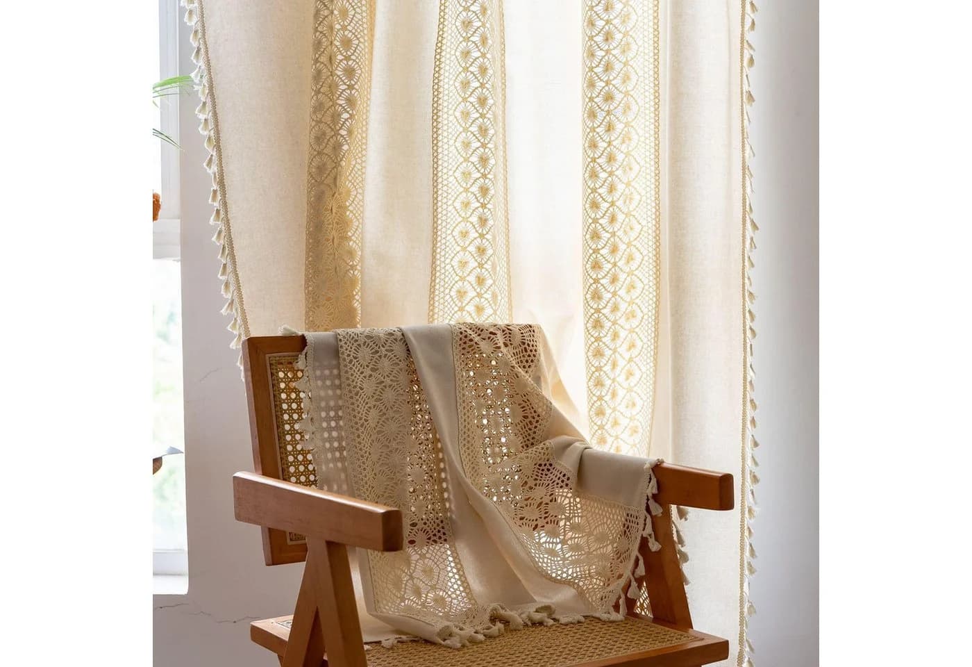 Agger Boho-Vorhang Beige Gehäkelte Spitze Fransen Landhausstil - Bild 3