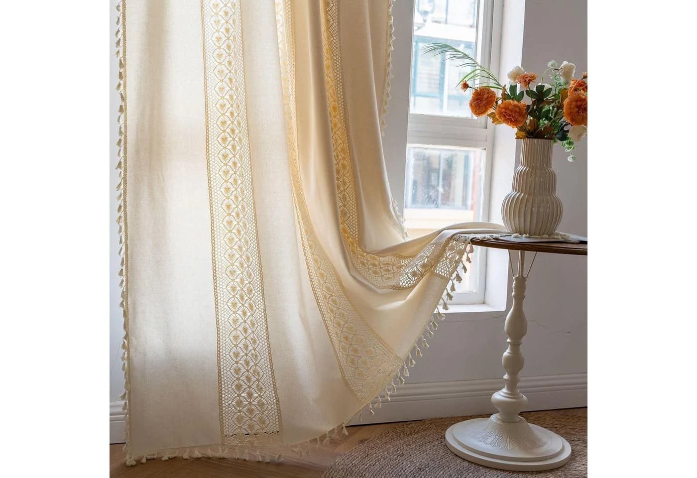 Agger Boho-Vorhang Beige Gehäkelte Spitze Fransen Landhausstil - Bild 5
