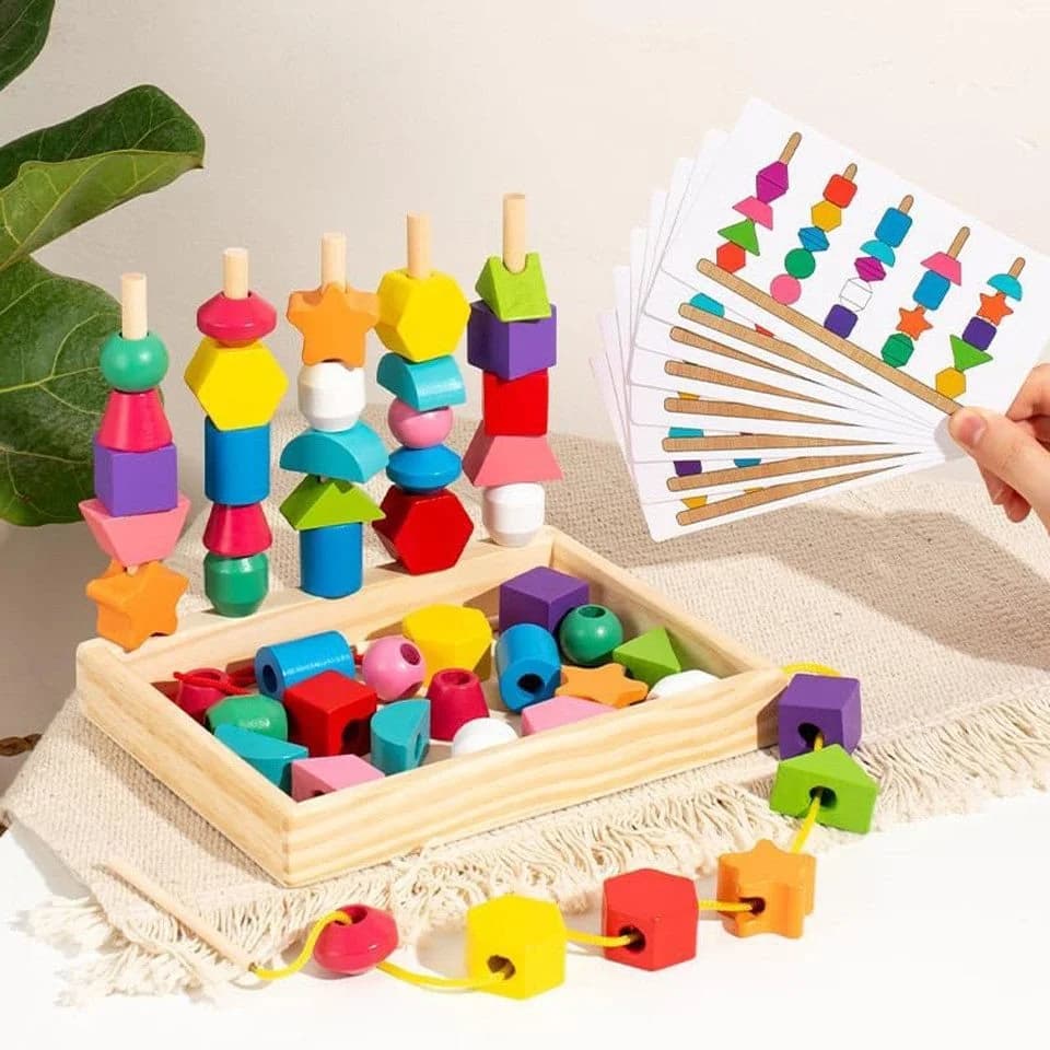 Zaewry Montessori Lernspielzeug Holz Bunt Fädelspiel