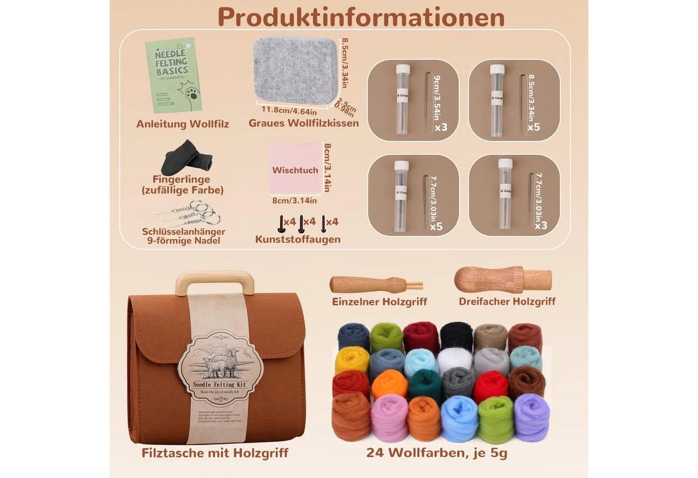 Zaewry Nadelfilzset 24 Farben mit Werkzeug & Tasche für DIY