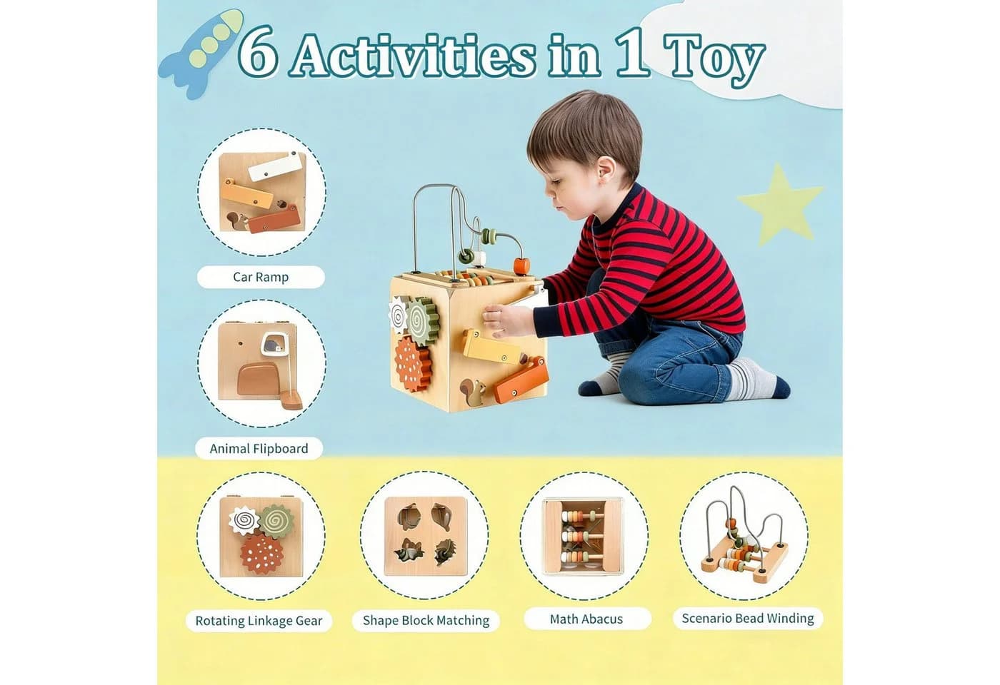 Zaewry Motorikwürfel Montessori 6-in-1 Buchenholz Aktivitätswürfel