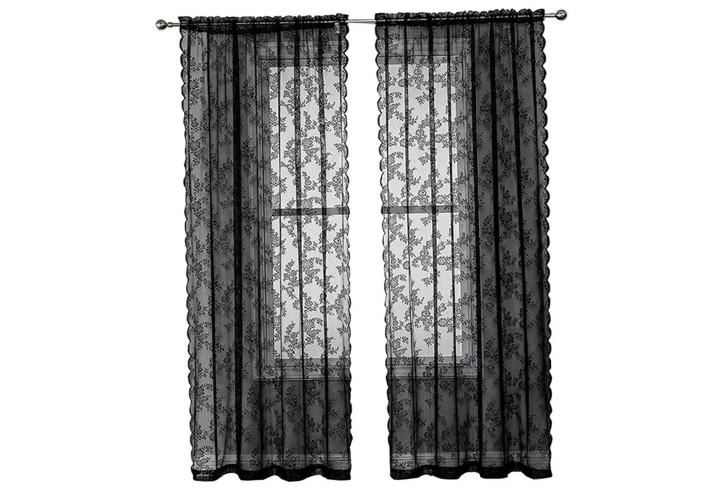 Agger Spitzenvorhänge Schwarz Transparent Blumenmuster 2er-Set - Bild 2