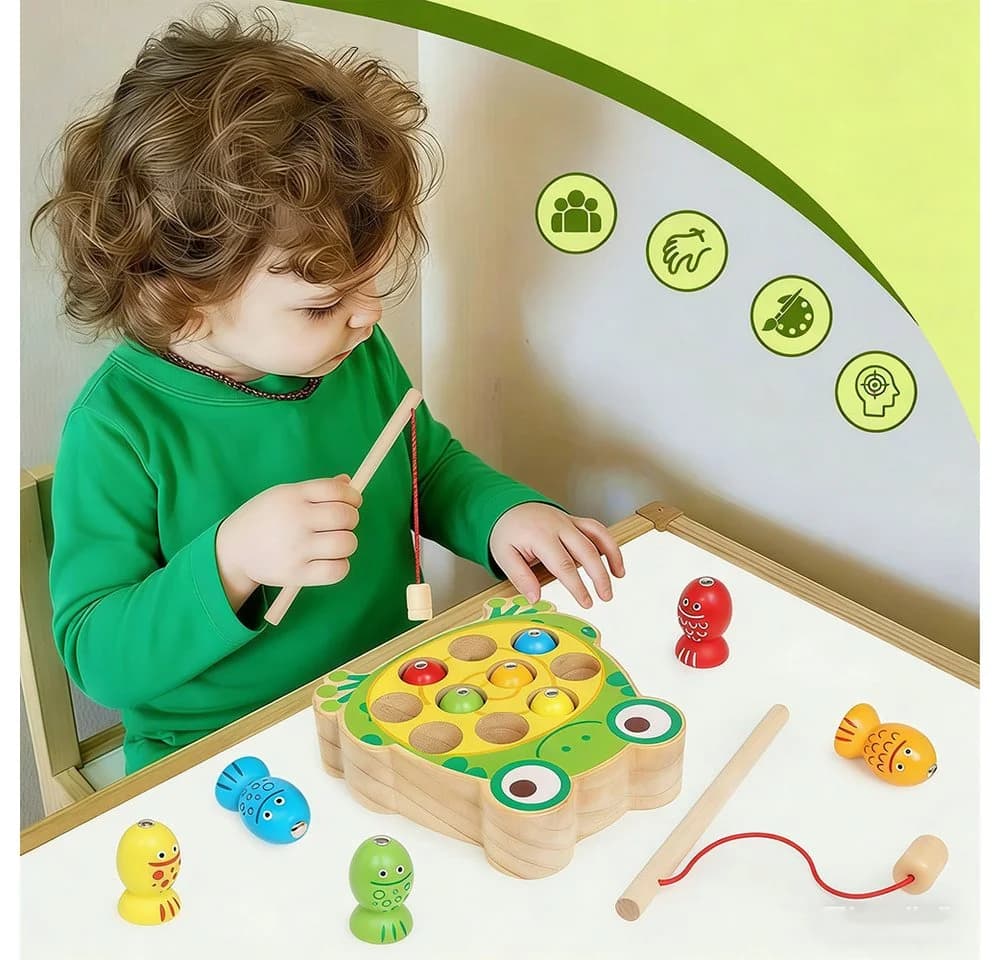 Zaewry Magnetisches Angelspiel Holz Montessori Lernspielzeug Grün Bunt