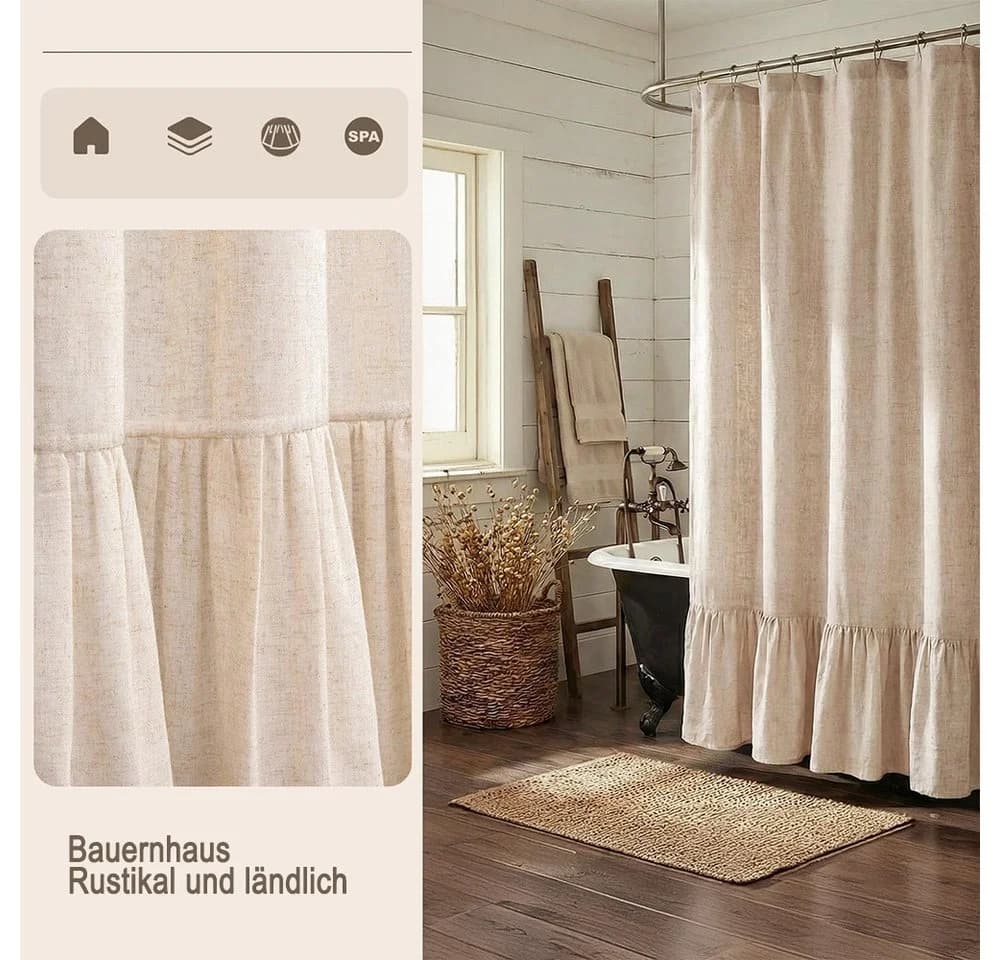 Agger Duschvorhang Leinen Beige Landhausstil mit Volant-Saum - Bild 4