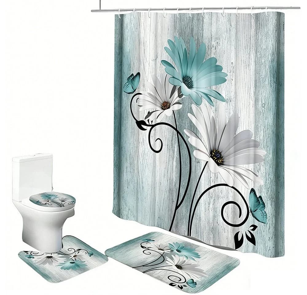 Agger Duschvorhang-Set 4-tlg. Grün mit Badematte & Haken - Bild 2