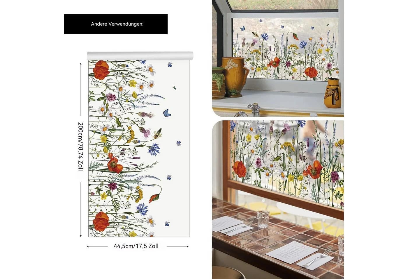 Agger Fensterfolie Selbsthaftend Bunte Blumen Sichtschutzfolie