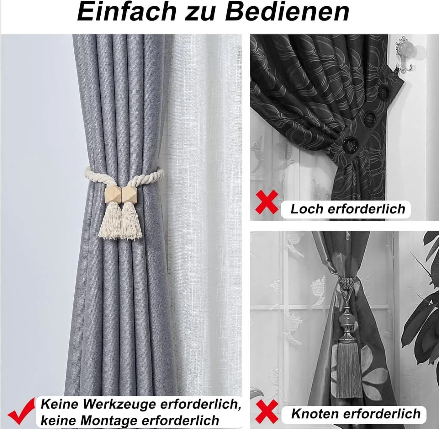 Agger Magnetischer Vorhang-Raffhalter 2-tlg. Baumwolle & Holz - Bild 4