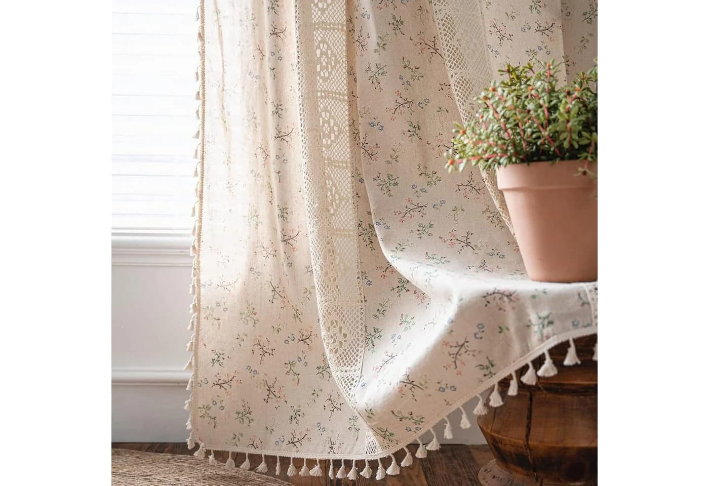 Zyronn Vorhang Blumenmuster Vintage Fransen Boho Stil Dekor