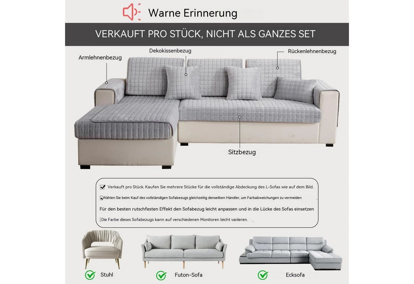 Diwzbyn Sofaschoner Grau Weiches Flanell Rutschfest - Bild 3