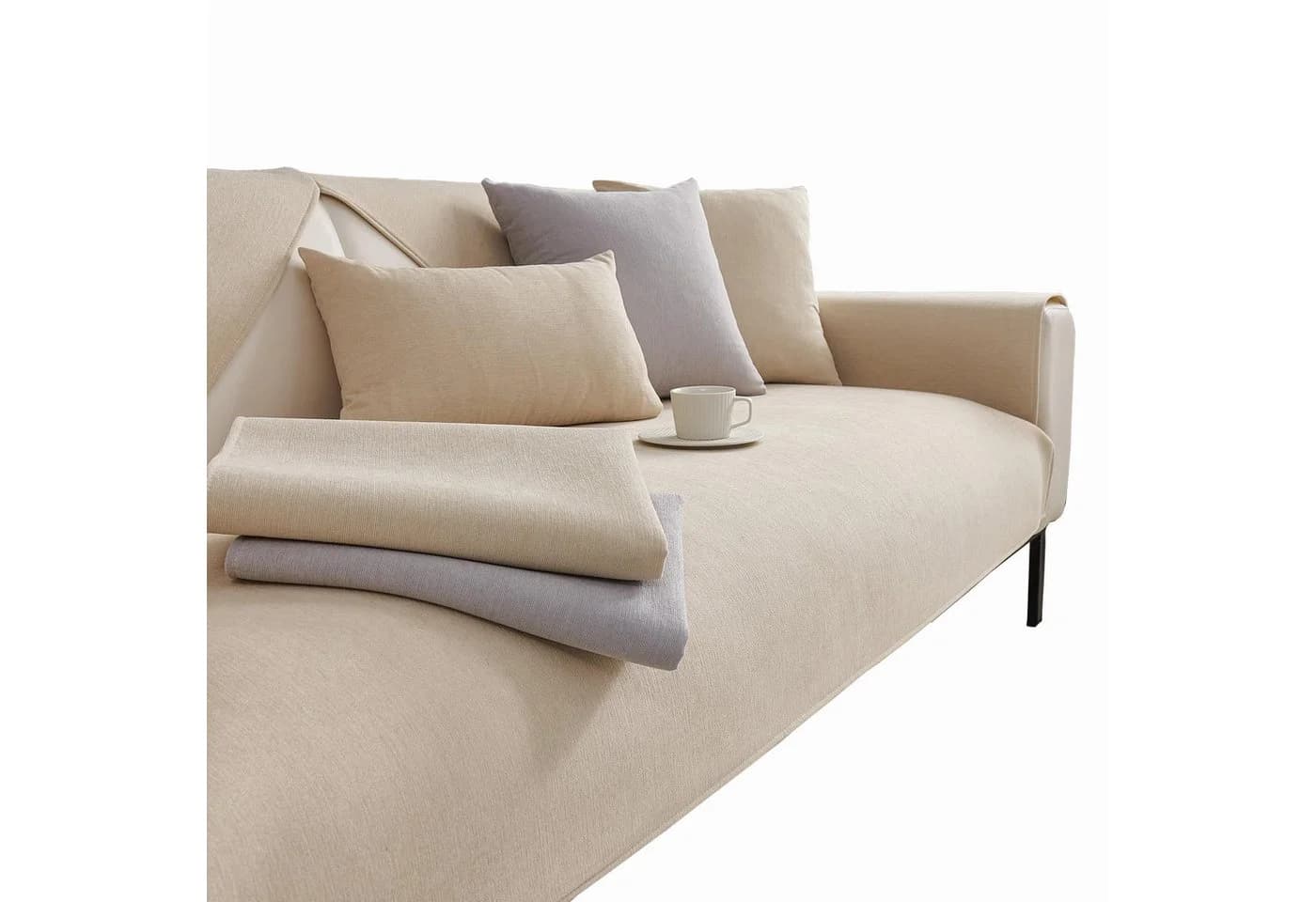 Diwzbyn Sofaschoner Überzug Beige Chenille Rutschfest - Bild 2