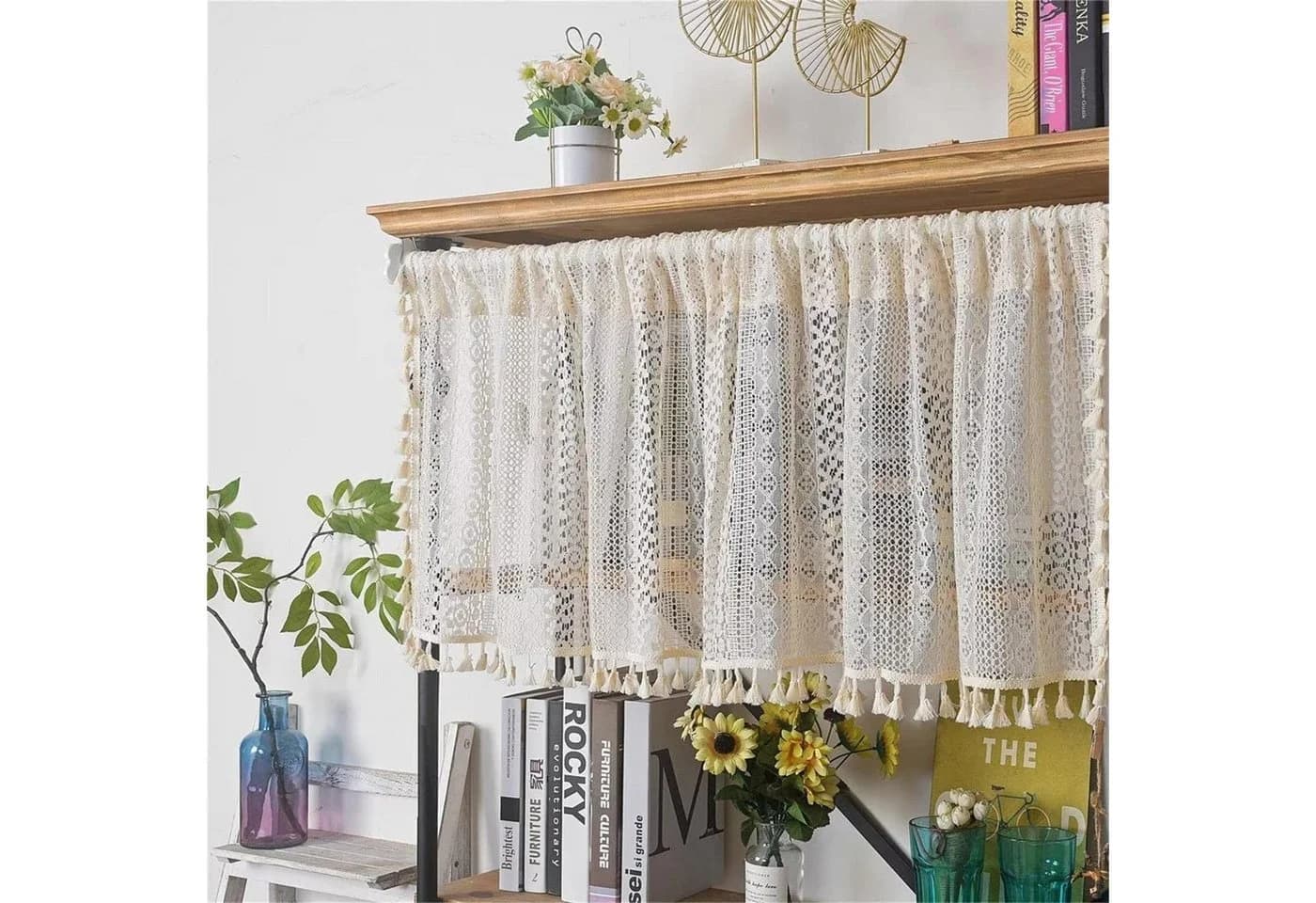 Agger Scheibengardine Boho-Spitzengardine Beige Vintage mit Quasten
