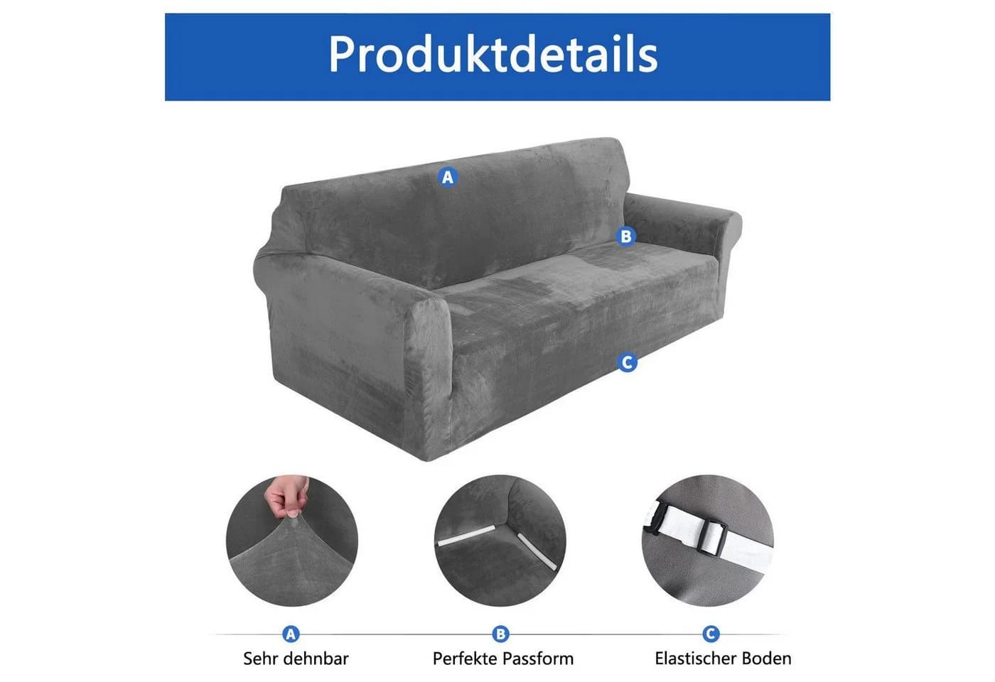 Diwzbyn Sofahusse Velvet Grau Stretch rutschfest - Bild 4