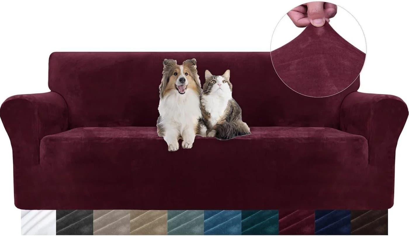 Diwzbyn Sofahusse Velvet Rot Stretch rutschfest - Bild 2