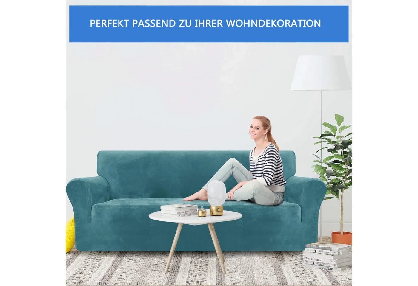 Diwzbyn Sofahusse Velvet 1-4-Sitzer Stretch rutschfest grau-blau