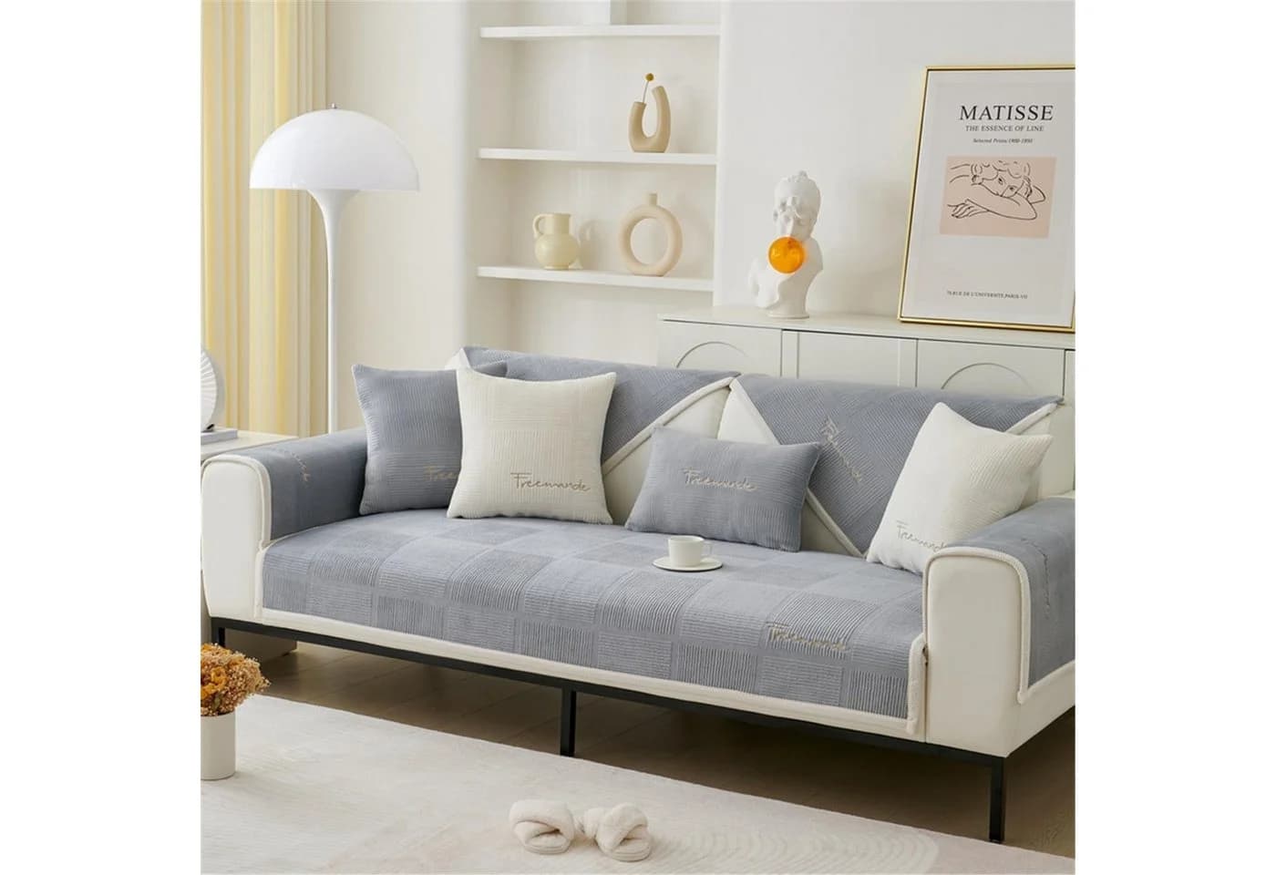 Zyronn Sofaschoner Kurzplüsch grau - Rutschfester Sofa Überzug