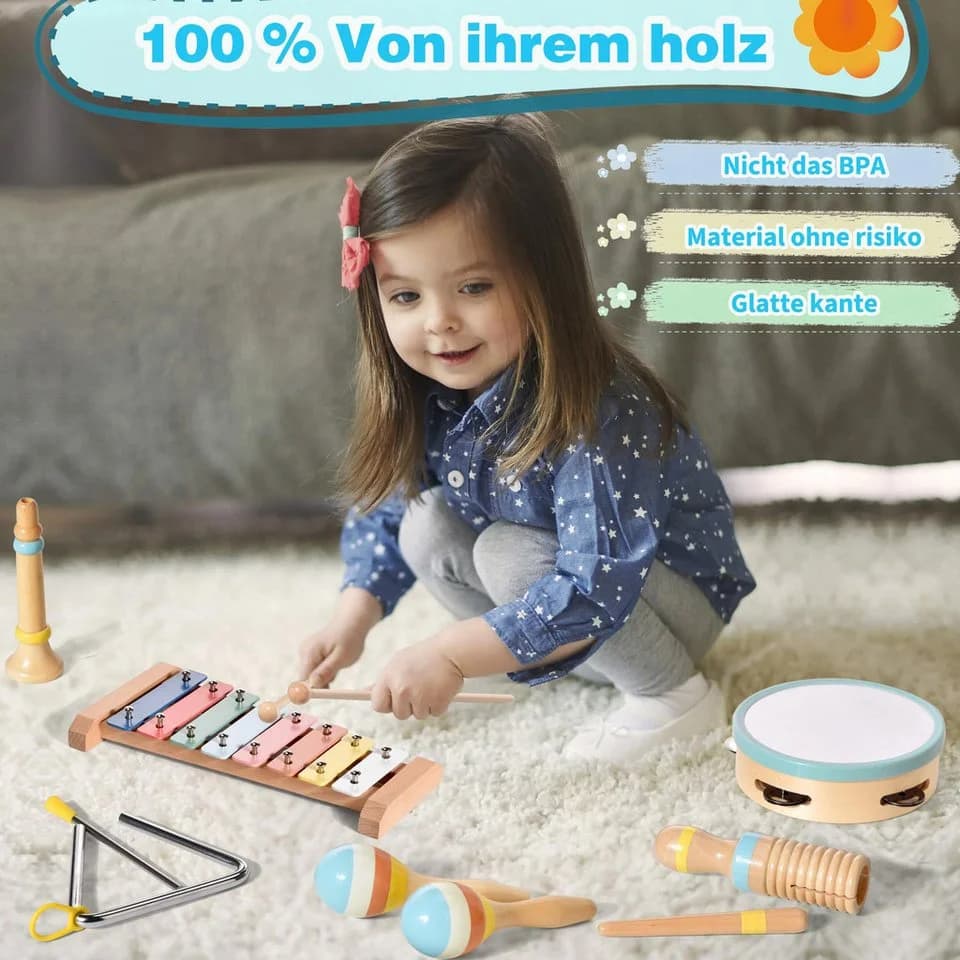 Lzbargon 6-in-1 Musikinstrumenten-Set Montessori Holzspielzeug für Kleinkinder
