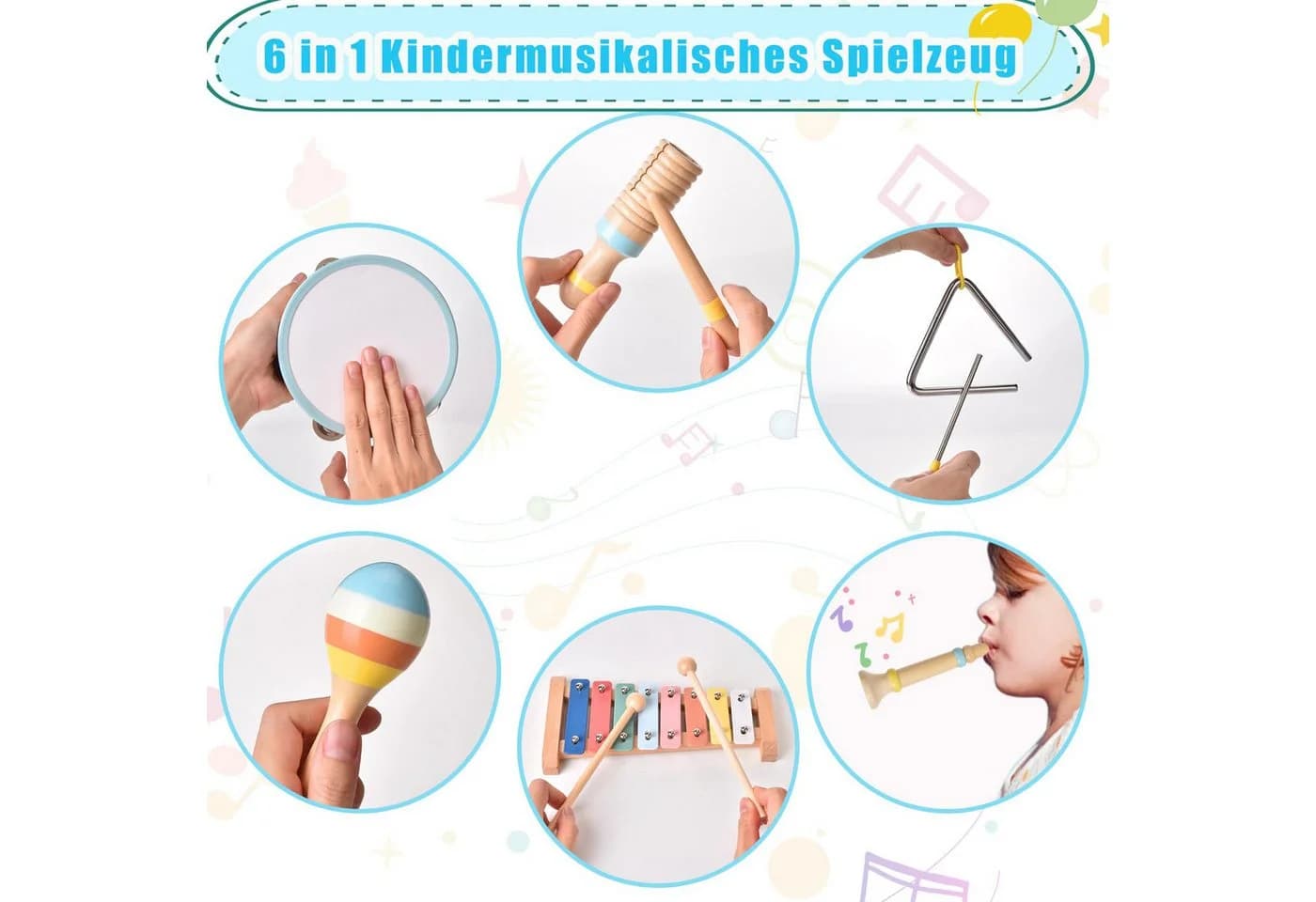 Lzbargon 6-in-1 Musikinstrumenten-Set Montessori Holzspielzeug für Kleinkinder - Bild 3