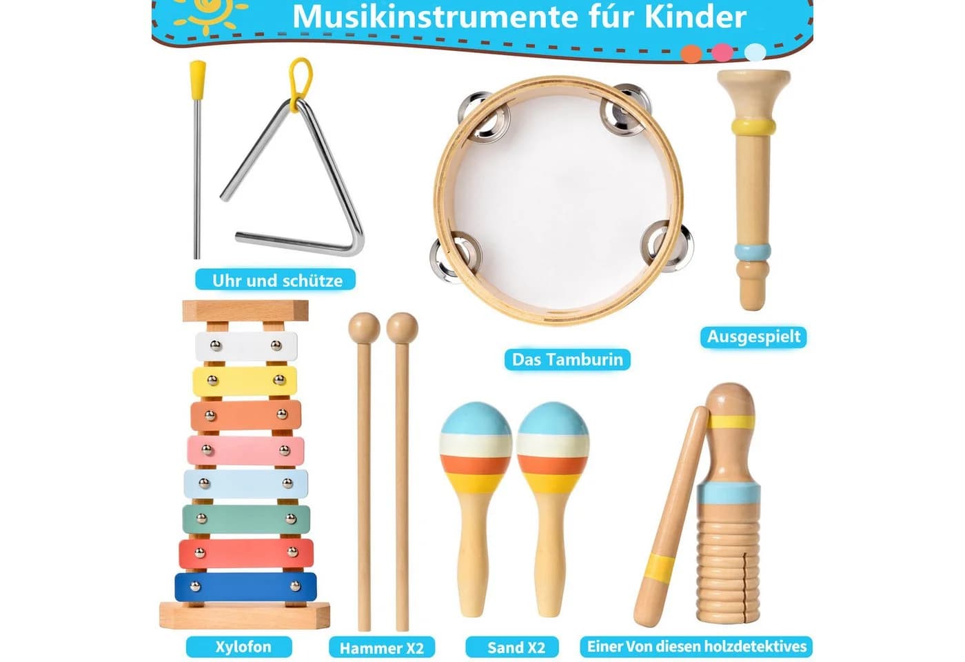 Lzbargon 6-in-1 Musikinstrumenten-Set Montessori Holzspielzeug für Kleinkinder - Bild 5
