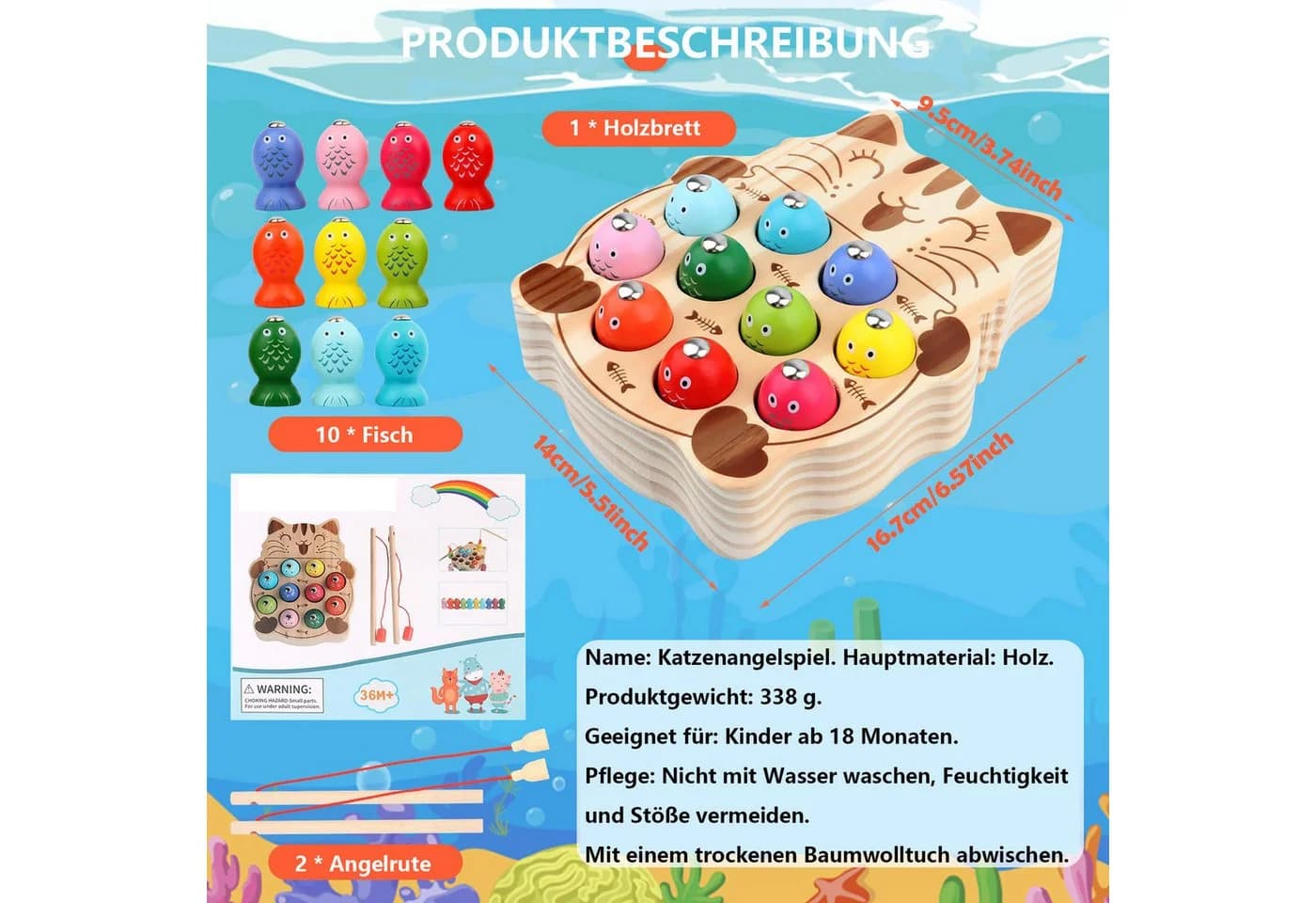 Lzbargon Montessori Lernspielzeug 2 in 1 Holz Magnetspiel Angelspiel Bunt