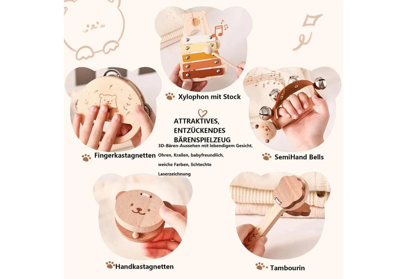 Lzbargon Musikinstrumenten-Set Bär mit Xylophon & Tamburin - Bild 3