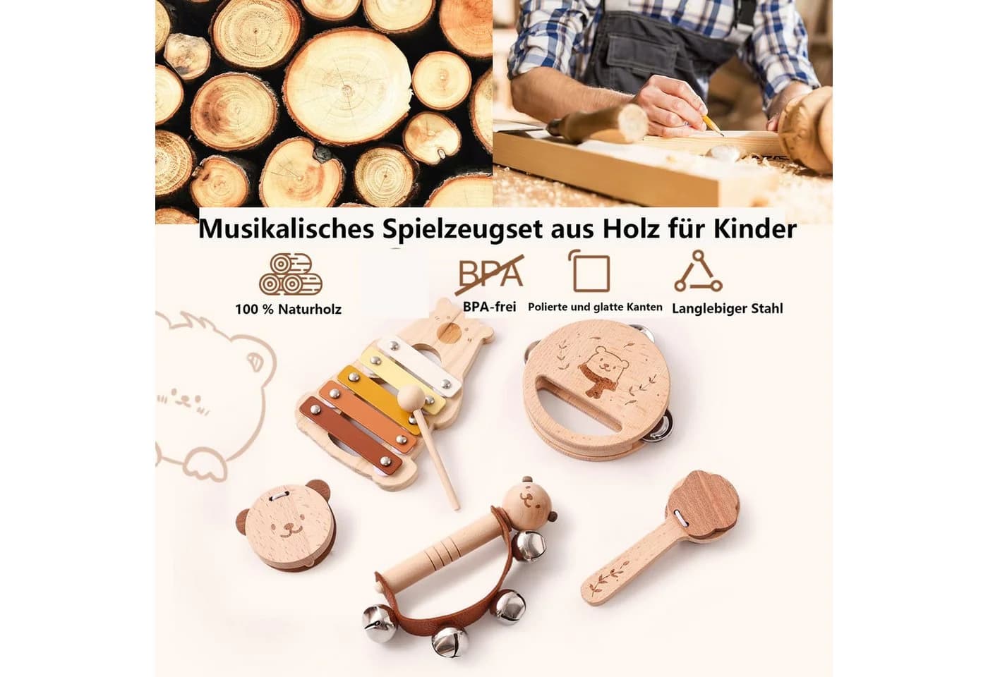 Lzbargon Musikinstrumenten-Set Bär mit Xylophon & Tamburin - Bild 4